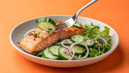 Fresh Salmon Fillet on a Bed of Greens with Sliced Cucumber