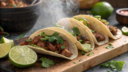 Vibrant Tacos with Fresh Ingredients on a Wooden Platter