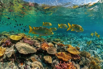 Colorful Fish Schooling Over Coral Reef