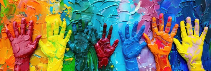 Celebrating world humanist day with vibrant hand-painted rainbow art. Horizontal banner. Copy space. Hands on a colorful background