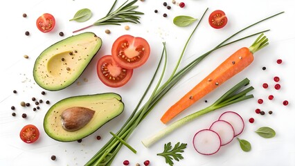 Fresh Vegetables and Sliced Avocado on White Background