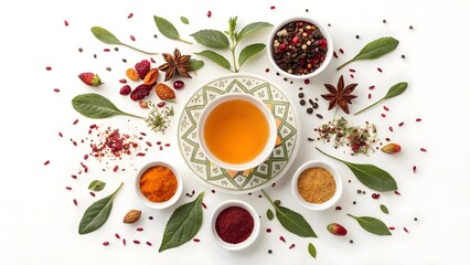 Colorful arrangement of spices and herbal tea on a white background