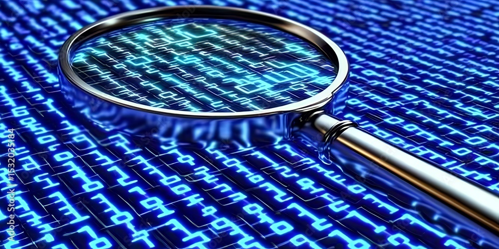 Poster magnifying glass exploring digital code data analysis search technology