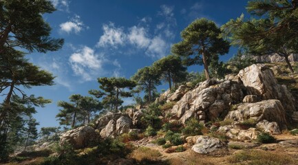 A low-angle view of a rocky hillside dotted with pine trees under a bright, mostly clear blue sky