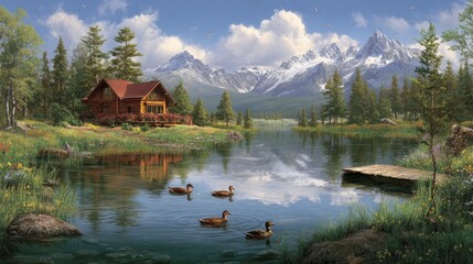 Rustic Cabin By Mountain Lake With Ducks