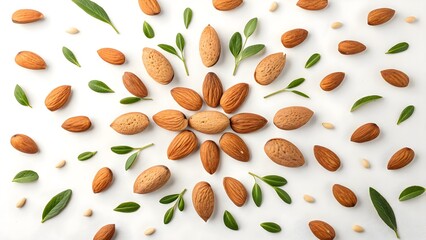 Almonds and Green Leaves Arranged in a Beautiful Pattern on White