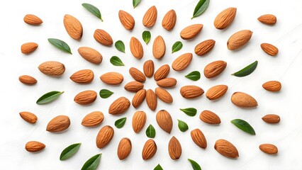 Almonds Arranged in Spiraled Pattern with Green Leaves on White Background