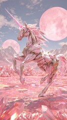Pink Metallic Unicorn In Crystal Landscape