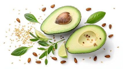 Fresh Avocado Halves with Green Leaves and Nuts on White Background