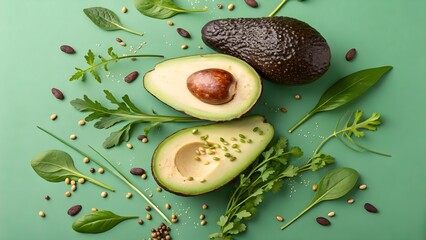 Fresh Avocado Halves Surrounded by Green Herbs and Seeds on Background