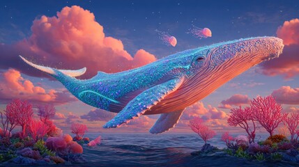 Magical Whale Over Coral Reef Sunset
