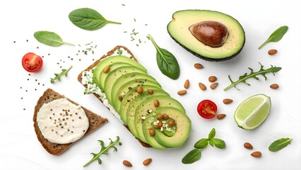 Fresh Avocado Toast with Healthy Ingredients on White Background
