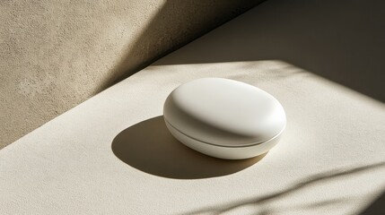 White oval container on a light beige surface.