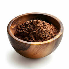 A wooden bowl filled with rich cocoa powder, isolated on a clean white background