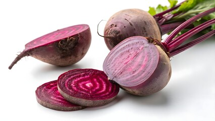 Fresh Beetroots with Slices and Green Leaves on White Background
