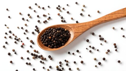 Wooden Spoon with Black Pepper Seeds on White Surface