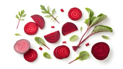 Fresh Red Beetroot Slices and Green Leaves Isolated on White Background