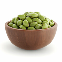 A wooden bowl filled with green pistachios, isolated on a clean white background