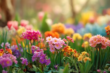 Fototapeta premium Elegant colorful tulips blooming in green meadow