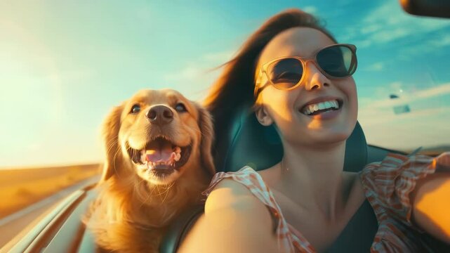 Joyful woman and her dog embrace freedom and happiness during sunny drive in convertible car, smiling together as they enjoy open road and warmth of sun.