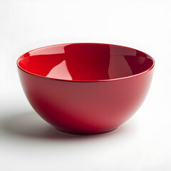A vibrant red bowl with a glossy finish sits empty, perfectly centered on a clean white background