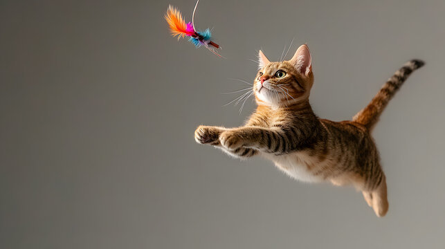 Happy Cat Reaching for Colorful Feathers in Air - Powered by Adobe