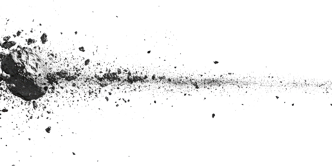 PNG. A line of small black particles on white background, with an asteroid in the upper left corner. The debris is scattered across all three edges and has no shadows or reflections