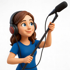 3D Caricature of Female Sound Engineer – Movie Studio Microphone Operator, Movie Sound Recording 3D Cartoon – Female Studio Technician