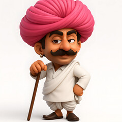 3D Caricature of Rajasthani Man in Traditional Kurta, Dhoti & Pagri, Traditional Rajasthani Attire