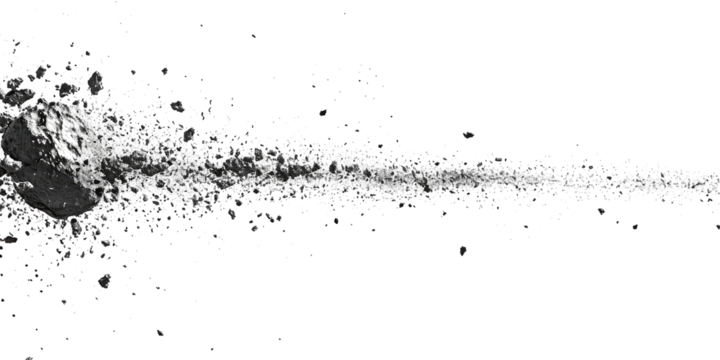 PNG. A line of small black particles on white background, with an asteroid in the upper left corner. The debris is scattered across all three edges and has no shadows or reflections