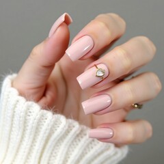 The image showcases elegant nude-pink manicured nails and a gold ring adorned with a heart-shaped gemstone, complemented by a cozy white sweater sleeve.