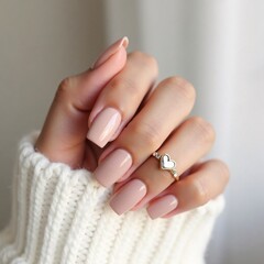 The image showcases elegant nude-pink manicured nails and a gold ring adorned with a heart-shaped gemstone, complemented by a cozy white sweater sleeve.