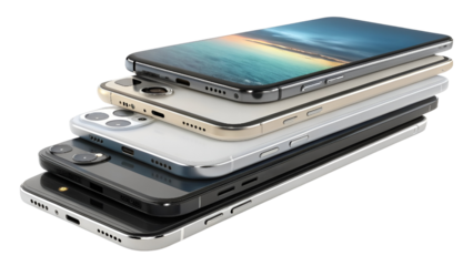 stack of smartphone isolated on transparent background