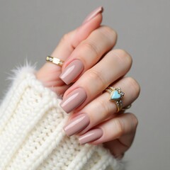 The image showcases elegant nude-pink manicured nails and a gold ring adorned with a heart-shaped gemstone, complemented by a cozy white sweater sleeve.