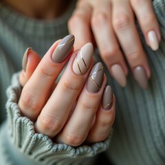 The image showcases elegant nude-pink manicured nails and a gold ring adorned with a heart-shaped gemstone, complemented by a cozy white sweater sleeve.