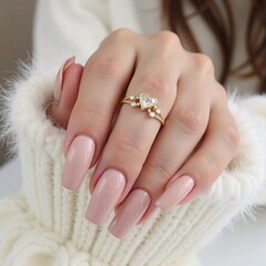 The image showcases elegant nude-pink manicured nails and a gold ring adorned with a heart-shaped gemstone, complemented by a cozy white sweater sleeve.
