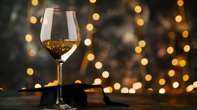 Celebration mockup with graduation cap and wine glass. Horizontal banner. Copy space. Template with graduation cap for bar, restaurant. End of course - Powered by Adobe