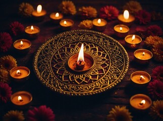 Ornate platter with lit candle in center surrounded by tea lights and flowers