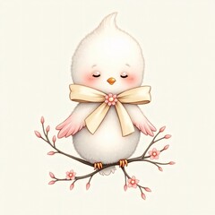 bird with pink wings, a yellow bow around its neck, and a cheerful expression, perched on a blossoming branch.  