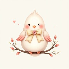 bird with pink wings, a yellow bow around its neck, and a cheerful expression, perched on a blossoming branch.  