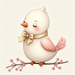 bird with pink wings, a yellow bow around its neck, and a cheerful expression, perched on a blossoming branch.  