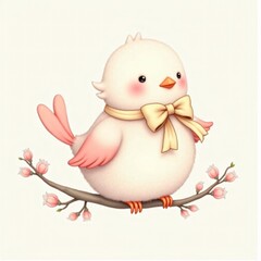 bird with pink wings, a yellow bow around its neck, and a cheerful expression, perched on a blossoming branch.  