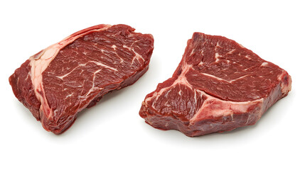 Two pieces of raw beef steak isolated on white background, showcasing marbling and texture. Perfect for cooking or grilling