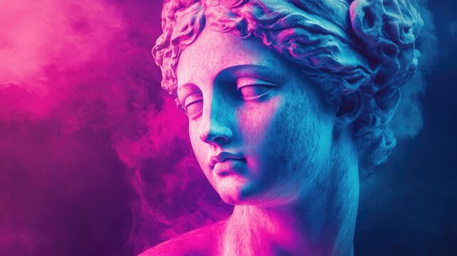 Statue of Venus de Milo. Creative concept colorful neon image with ancient greek sculpture Venus or Aphrodite head.
