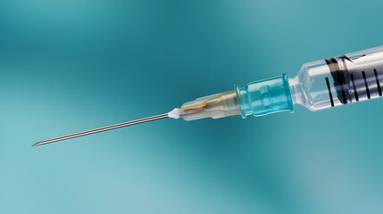 Close up of syringe needle against blue background, highlighting its sharpness and precision