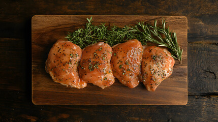 Marinated chicken thighs with herbs on wooden board, ready to cook. Fresh and appetizing