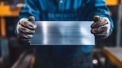 Metalworker proudly holds freshly cut sheet metal piece, showcasing precision and craftsmanship