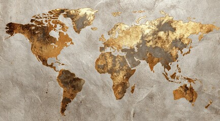 A gold-toned world map is depicted on a textured, grey background, giving a vintage, antique appearance
