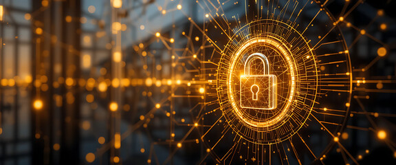 abstract cyber protection theme network connected style dark golden and gold gradient blending visual background on the left wall glass with digital 3d lock in the middle, shimmering, negative clean s