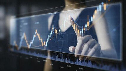 Businesswoman analyzes stock market data on a futuristic transparent interface - Powered by Adobe